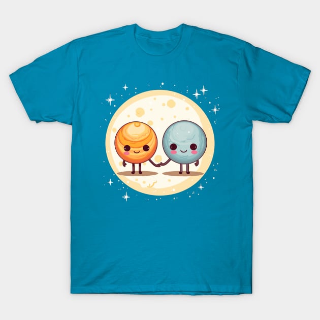 Sun and Moon Holding Hands T-Shirt by Retroprints